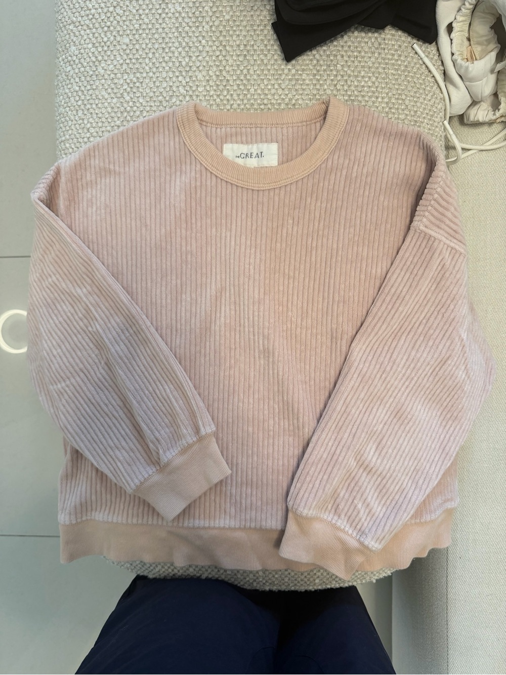 THE GREAT. Women's Blush Pink Ribbed Crewneck Sweater